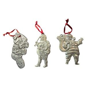Vintage 1993 Pewter Christmas Ornaments Set Santa Claus Stocking Holiday Decor
